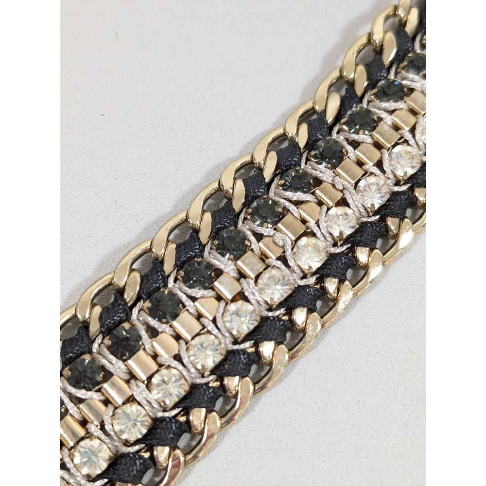 Gold Tone Clear Smokey Rhinestone Tennis Chain Link Black Snap Cuff Bracelet